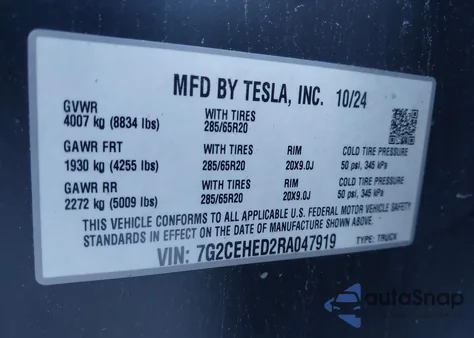 2024 Tesla Cybertruck All-Wheel Drive z USA, uszkodzony, nr VIN 7G2CEHED2RA047919